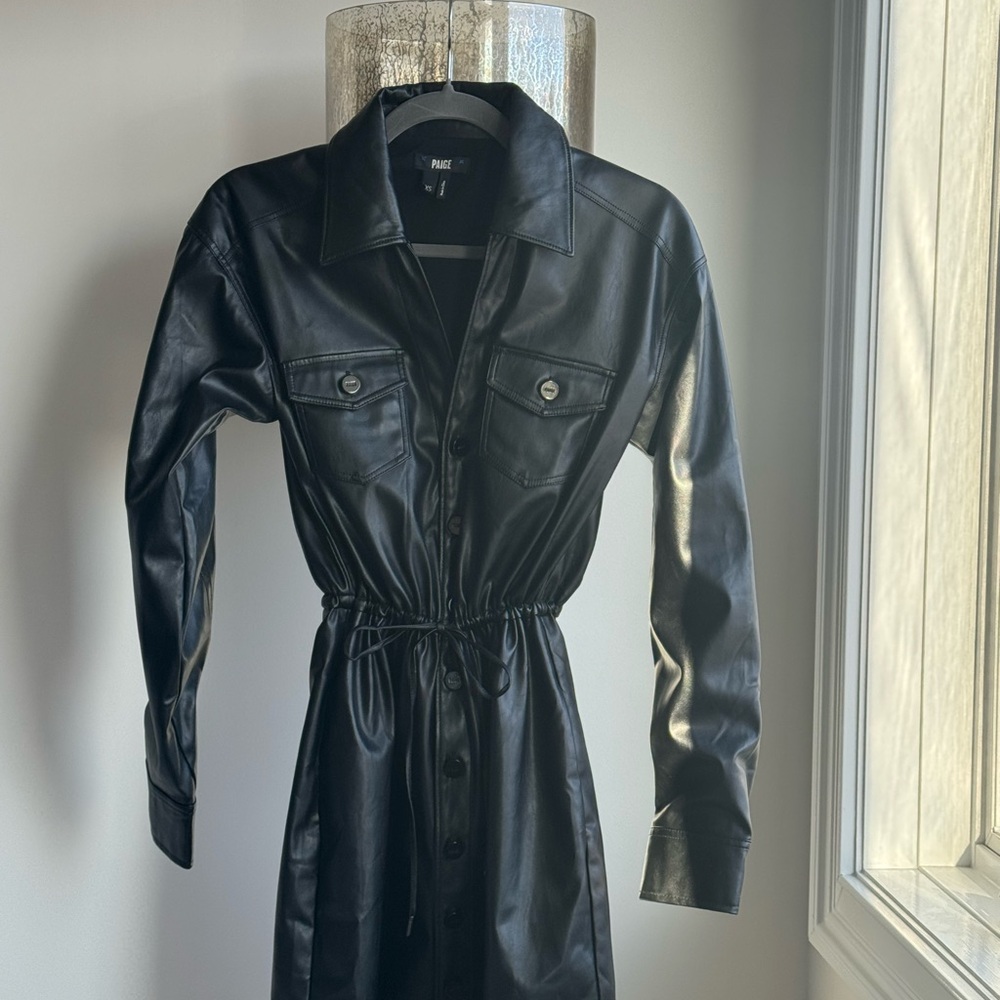 PAIGE Black Faux Leather Shirt Dress